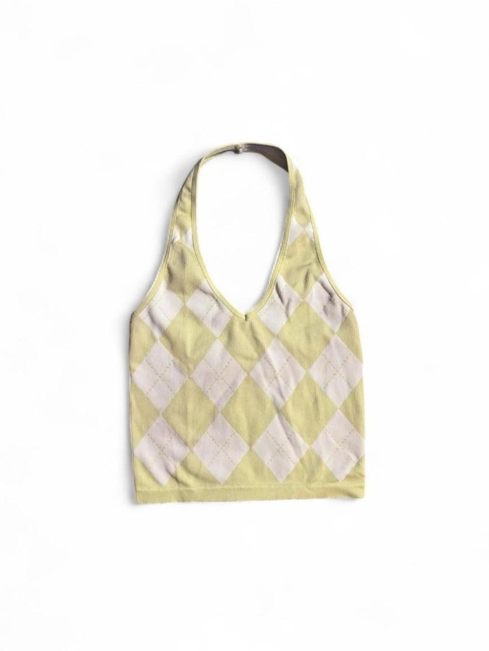 Y2K Grunge Pastel Argyle Halter Top Green & White